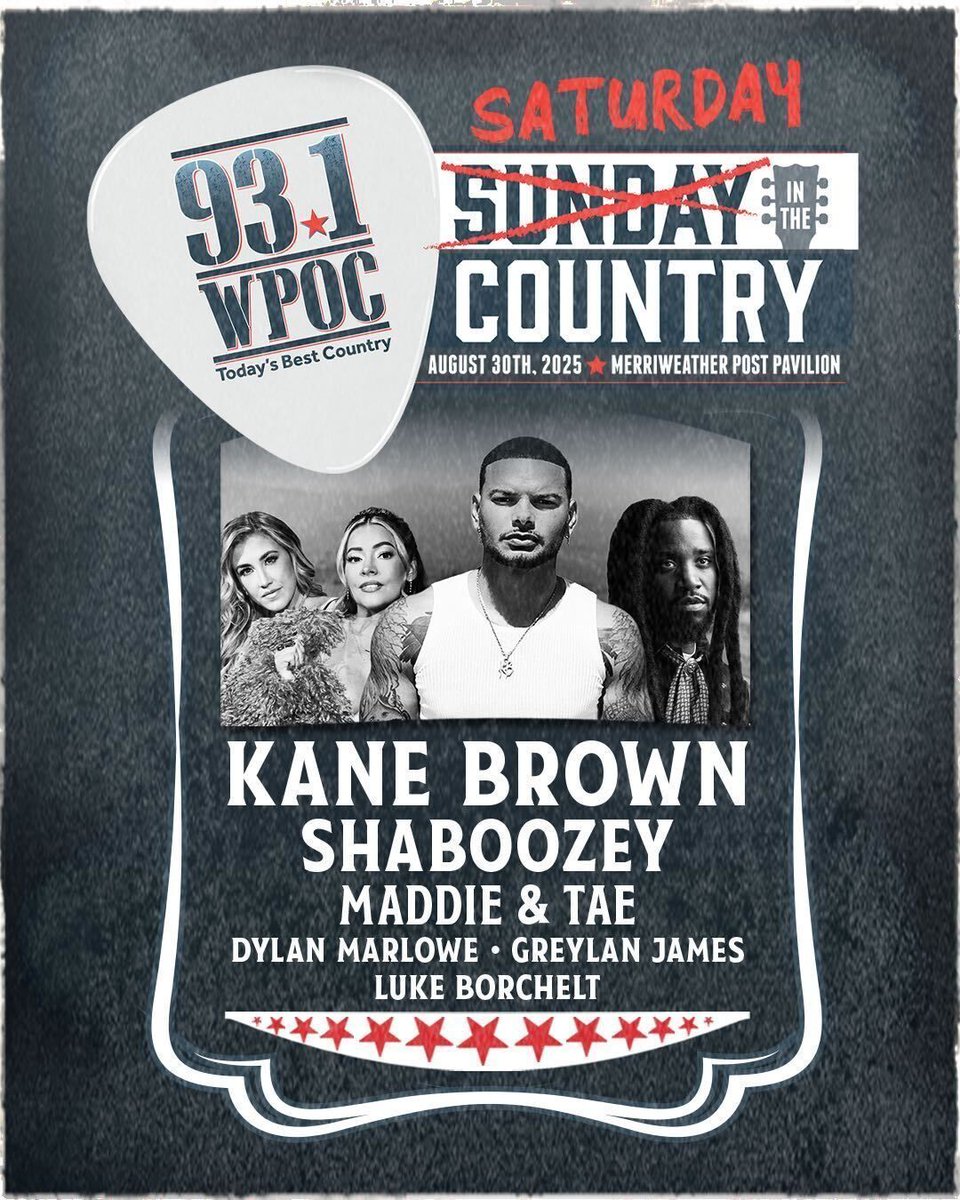Merriweather Post Pavilion (@merriweatherpp) on Twitter photo ON ALW NOW: 8/30, @wpoc's Saturday In The Country, feat. <a href="/kanebrown/">Kane Brown</a>, @shaboozeysjeans, @maddieandtae, and more!
🎟️: hive.co/l/saturdayinth… ON ALW NOW: 8/30, @wpoc's Saturday In The Country, feat. <a href="/kanebrown/">Kane Brown</a>, @shaboozeysjeans, @maddieandtae, and more!
🎟️: hive.co/l/saturdayinth…