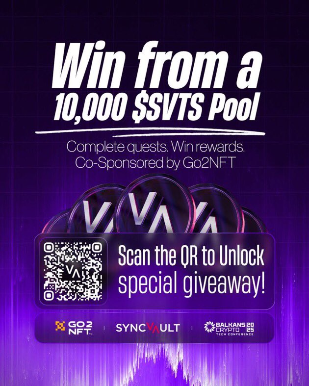 NathOnchained's tweet photo. Get a share from $10,000 $SVTS giveaway price Pool!🚀 

Complete quests &amp; scan the QR for exclusive rewards.

Co-sponsored by @go2nft_official at @BalkansCryptox 2025! 🔥📷

👉 Scan or click to participate: https://t.co/lAmhjV5TYB

#GO2NFT #CryptoGiveaway #BalkansCrypto2025 #SVT https://t.co/jjPPWT8g6N