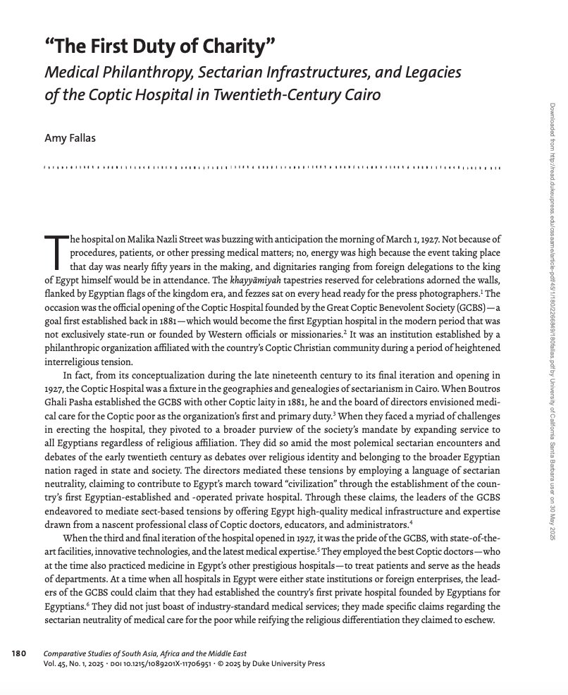 My latest peer reviewed article is out now in the latest issue of Comparative Studies of South Asia, Africa and the Middle East! Based on my dissertation &amp; book manuscript, I examine the role of infrastructure, medical philanthropy, and sectarianism in 20th century Cairo.