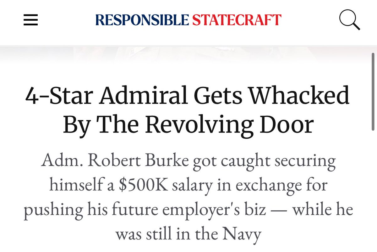 Quincy Institute (@quincyinst) on Twitter photo 80% of retired generals/admirals work for defense contractors. 
Admiral Burke couldn't even wait until retirement to cash in. 
He was recently convicted for taking a guaranteed $500K job in exchange for steering Navy contracts. 
The military-industrial complex in action! 80% of retired generals/admirals work for defense contractors. 
Admiral Burke couldn't even wait until retirement to cash in. 
He was recently convicted for taking a guaranteed $500K job in exchange for steering Navy contracts. 
The military-industrial complex in action!