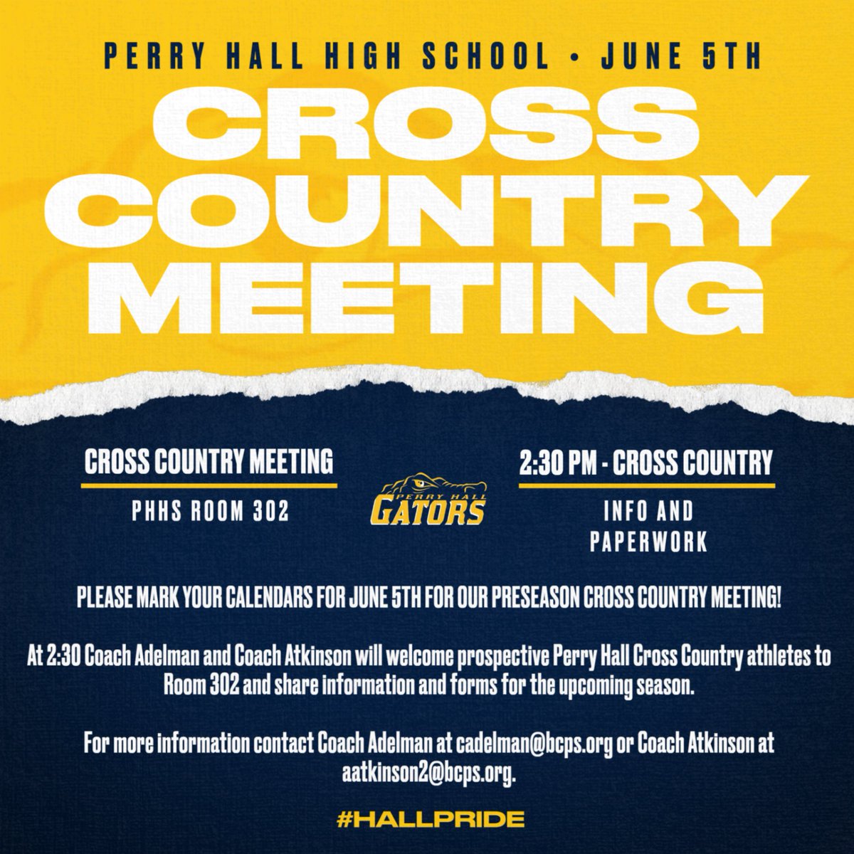Perry Hall Athletics (@perryhallath) on Twitter photo All athletes interested in cross country this fall should attend our preseason meeting on June 5th. At 2:30 PM in Room 302, Coach Adelman and Coach Atkinson will share information for the fall season. For more information contact Coach Adelman at cadelman@bcps.org. #hallpride All athletes interested in cross country this fall should attend our preseason meeting on June 5th. At 2:30 PM in Room 302, Coach Adelman and Coach Atkinson will share information for the fall season. For more information contact Coach Adelman at cadelman@bcps.org. #hallpride