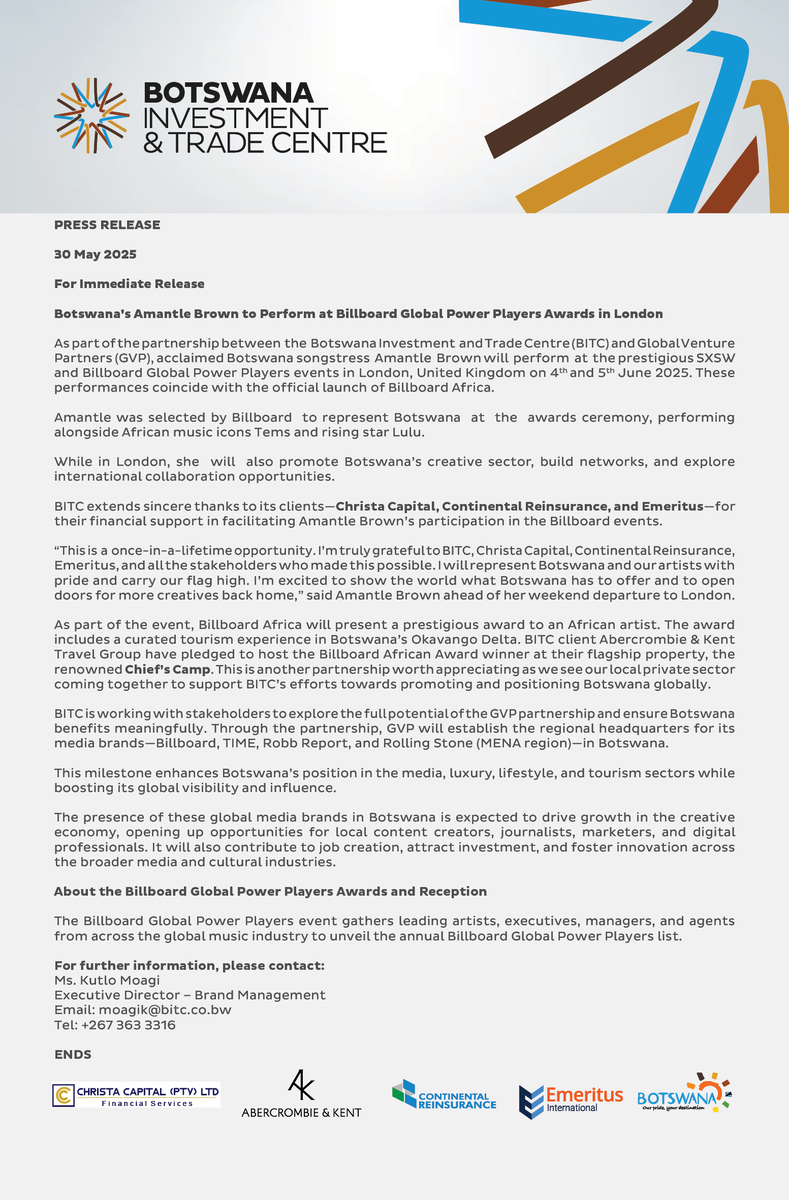 𝗣𝗿𝗲𝘀𝘀 𝗥𝗲𝗹𝗲𝗮𝘀𝗲: 𝗕𝗼𝘁𝘀𝘄𝗮𝗻𝗮’𝘀 𝗔𝗺𝗮𝗻𝘁𝗹𝗲 𝗕𝗿𝗼𝘄𝗻 𝘁𝗼 𝗣𝗲𝗿𝗳𝗼𝗿𝗺 𝗮𝘁 𝗕𝗶𝗹𝗹𝗯𝗼𝗮𝗿𝗱 𝗚𝗹𝗼𝗯𝗮𝗹 𝗣𝗼𝘄𝗲𝗿 𝗣𝗹𝗮𝘆𝗲𝗿𝘀 𝗔𝘄𝗮𝗿𝗱𝘀 𝗶𝗻 𝗟𝗼𝗻𝗱𝗼𝗻