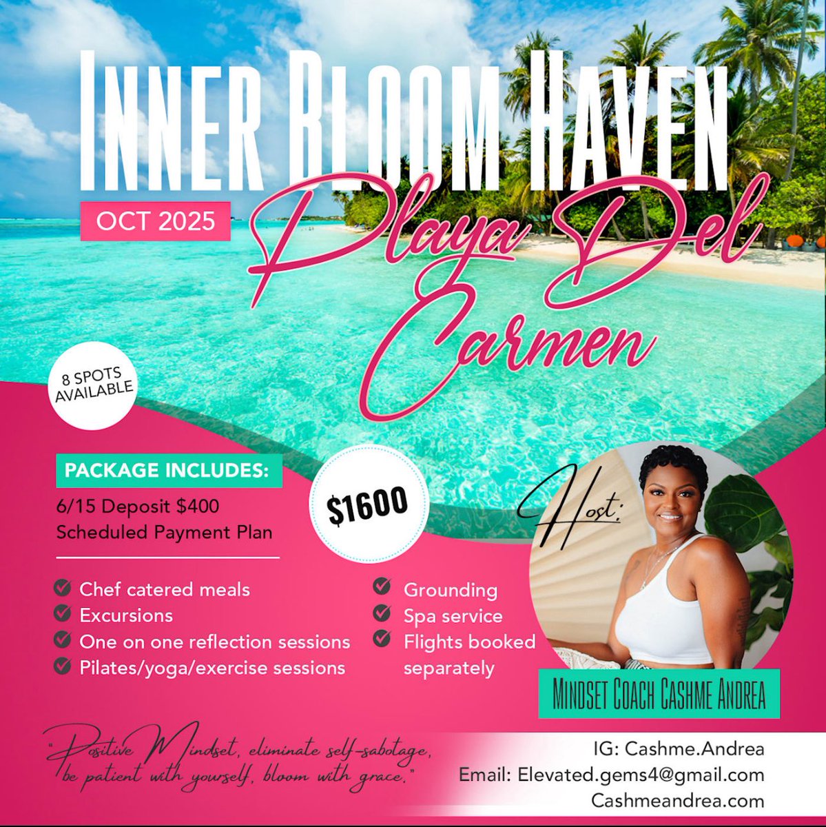 Cashme Andrea (@elevatedgems) on Twitter photo Inner Bloom Haven Wellness Retreat
Date: Oct 2025
Where: Mexico
Come Join in on an experience you wont forget!
Your journey to inner peace begins here – come, and let the healing begin.
Everything is always working out for your highest good!
Email: Elevated.gems4@gmail.com Inner Bloom Haven Wellness Retreat
Date: Oct 2025
Where: Mexico
Come Join in on an experience you wont forget!
Your journey to inner peace begins here – come, and let the healing begin.
Everything is always working out for your highest good!
Email: Elevated.gems4@gmail.com