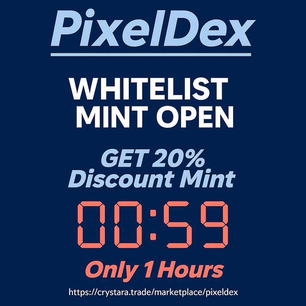 Whitelist Mint is LIVE!
To all chosen ones, you’ve got 1 hour. ⏰

If you run into any issues, just DM me. 😉

Let the fire begin 🔥
👉 crystara.trade/marketplace/pi…

#PixelDex #WhitelistMint #NFTdrops #SUPRA #Crystara #pixelart #NFTCommunity