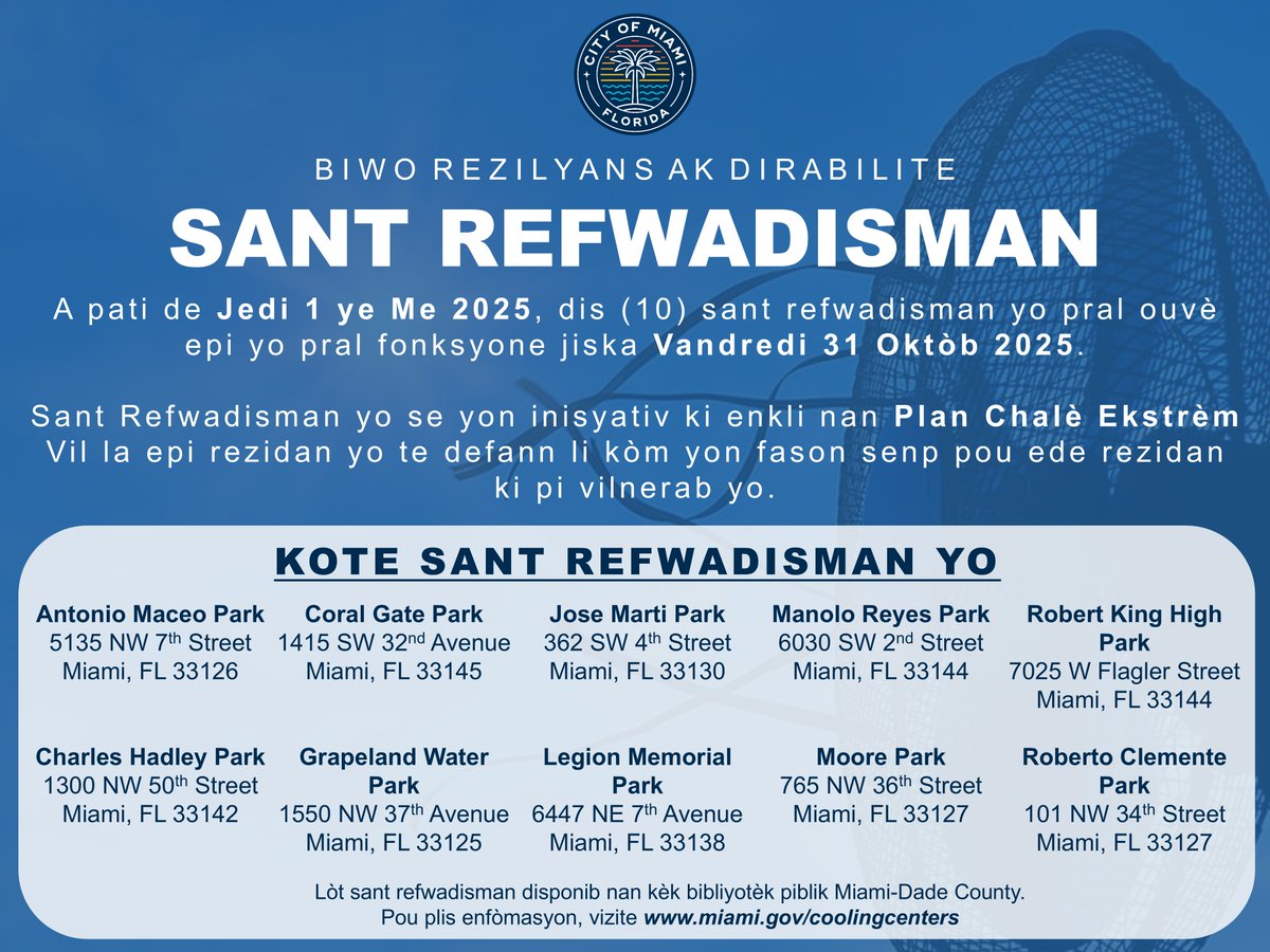 Beat the heat and visit one of our cooling centers today! To find the nearest Cooling Center to you, please visit: miami.gov/coolingcenters