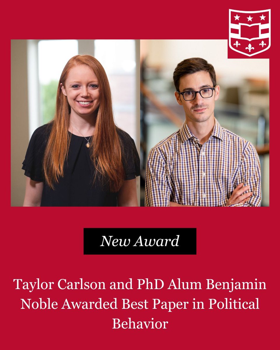 WashU Political Science (@wustlpolisci) on Twitter photo Professor Taylor Carlson and PhD alum <a href="/benjaminsnoble/">Benjamin Noble</a> were awarded the Best Paper Award from the journal, <a href="/PolBehavior/">Political Behavior</a>. The award recognizes the best paper published in Political Behavior in 2024.
Read more about the paper on our website: buff.ly/afl0ASg Professor Taylor Carlson and PhD alum <a href="/benjaminsnoble/">Benjamin Noble</a> were awarded the Best Paper Award from the journal, <a href="/PolBehavior/">Political Behavior</a>. The award recognizes the best paper published in Political Behavior in 2024.
Read more about the paper on our website: buff.ly/afl0ASg