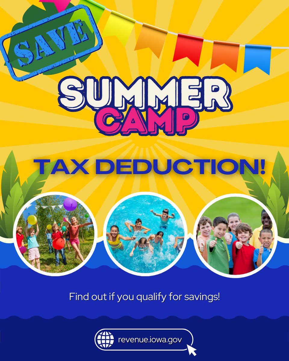 Did you know summer fun could mean savings on your taxes? Save those receipts – summer camp costs could be a #taxdeduction.

Check out revenue.iowa.gov or IRS Tax Tip 2024-53 to discover more this summer! #Summersavings #iowadepartmentofrevenue #summertimeandtaxes