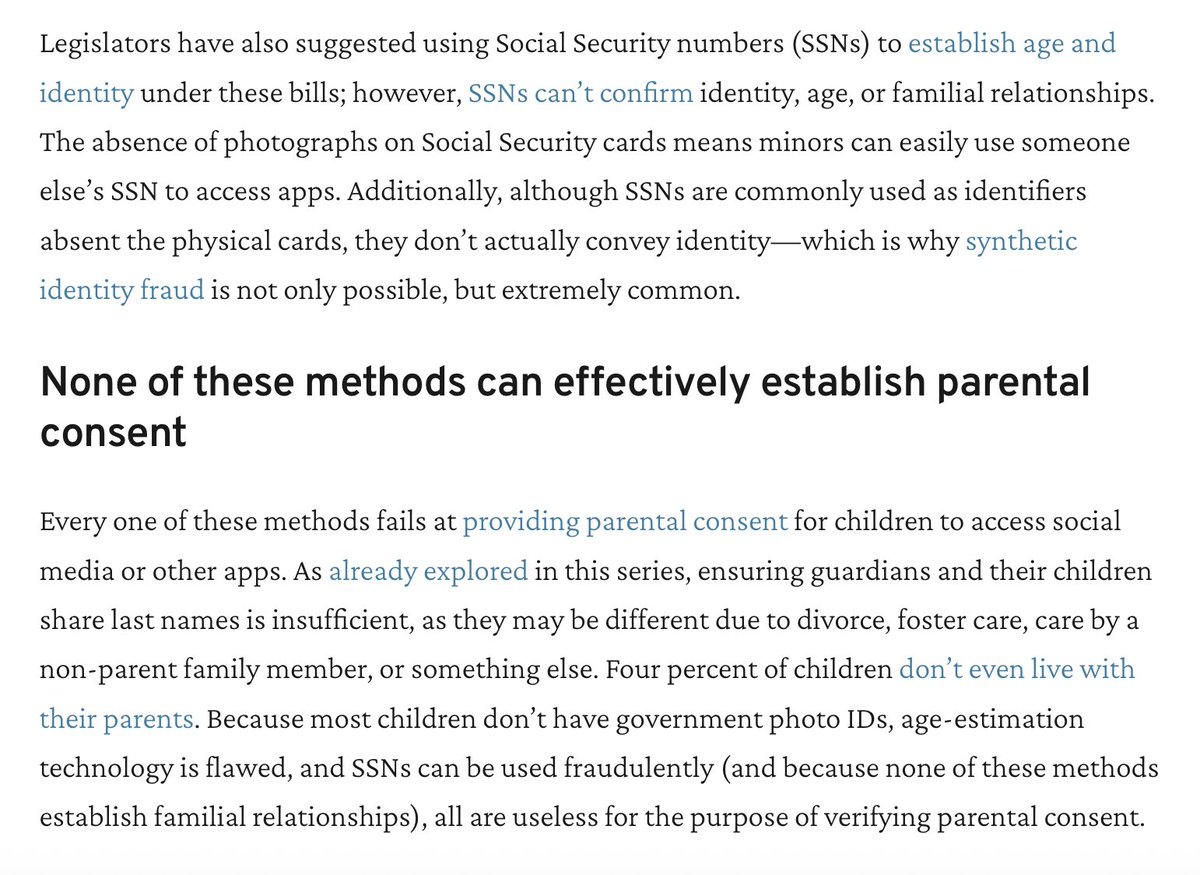 R Street Institute (@rsi) on Twitter photo Legislators have also suggested using Social Security numbers (SSNs) to establish age and identity under these bills; however, SSNs can’t confirm identity, age, or familial relationships. This means they are not useful for parental consent or age verification. <a href="/senatorshoshana/">Shoshana Weissmann, Sloth Committee Chair 🦥</a> Legislators have also suggested using Social Security numbers (SSNs) to establish age and identity under these bills; however, SSNs can’t confirm identity, age, or familial relationships. This means they are not useful for parental consent or age verification. <a href="/senatorshoshana/">Shoshana Weissmann, Sloth Committee Chair 🦥</a>