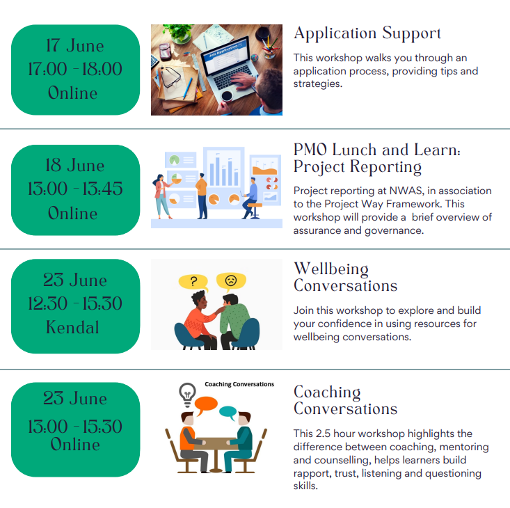 NWAS Learning & Organisational Development (@nwamb_learning) on Twitter photo NWAS staff please see below our upcoming workshops.
Bookings are made via MyESR (apart from Application & NWAS Assessment Centres email Learning&OD@nwas.nhs.uk)
Go into your ESR homepage and under my learning section in your course catalogue search for the workshop title. NWAS staff please see below our upcoming workshops.
Bookings are made via MyESR (apart from Application & NWAS Assessment Centres email Learning&OD@nwas.nhs.uk)
Go into your ESR homepage and under my learning section in your course catalogue search for the workshop title.