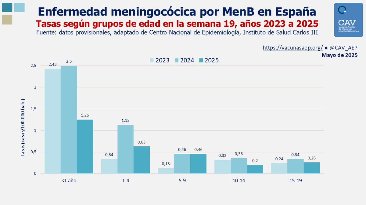 Enfermedad meningocócica por MenB en España.
Tasas según grupos de edad.
Se comparan los datos de la semana 19 de 2025 con la misma semana de 2023 y 2024, según grupos de edad.
vacunasaep.org/profesionales/…