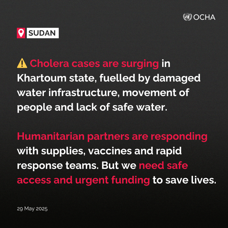 UNOCHA_Sudan's tweet photo. Cholera vaccinations began this week in Khartoum state to curb the spread of the deadly disease &amp; ease pressure on health services.

Agencies are supporting local efforts with water treatment chemicals &amp; helping sustain operations at Al Manara plant, serving over 1M people.