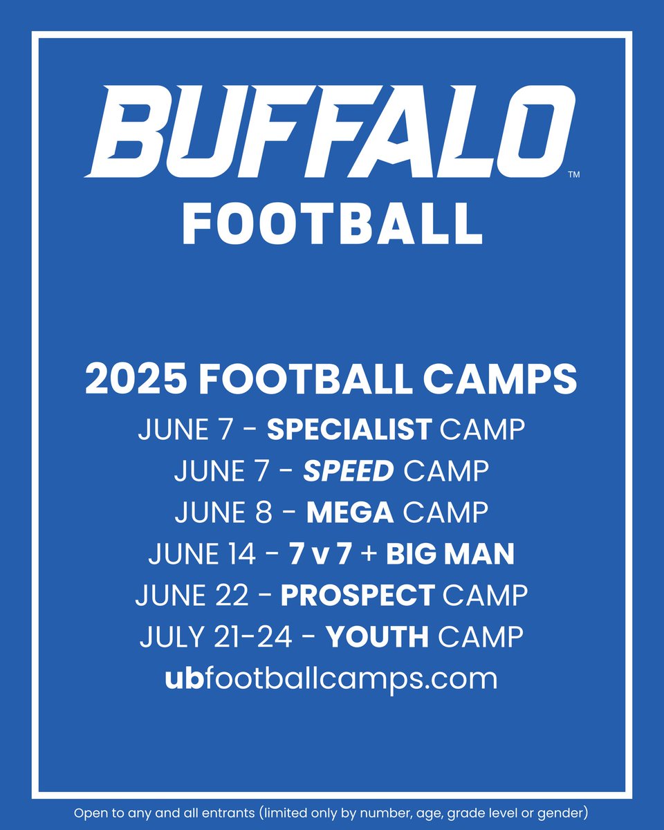University 𝘼𝙏 𝘽𝙐𝙁𝙁𝘼𝙇𝙊 Football Camps

🏈 Specialist, Speed, 𝙈𝙀𝙂𝘼, 7v7
Big Man + July 𝙔𝙊𝙐𝙏𝙃 Camp

🦬 ubfootballcamps.com 🤘🏽
