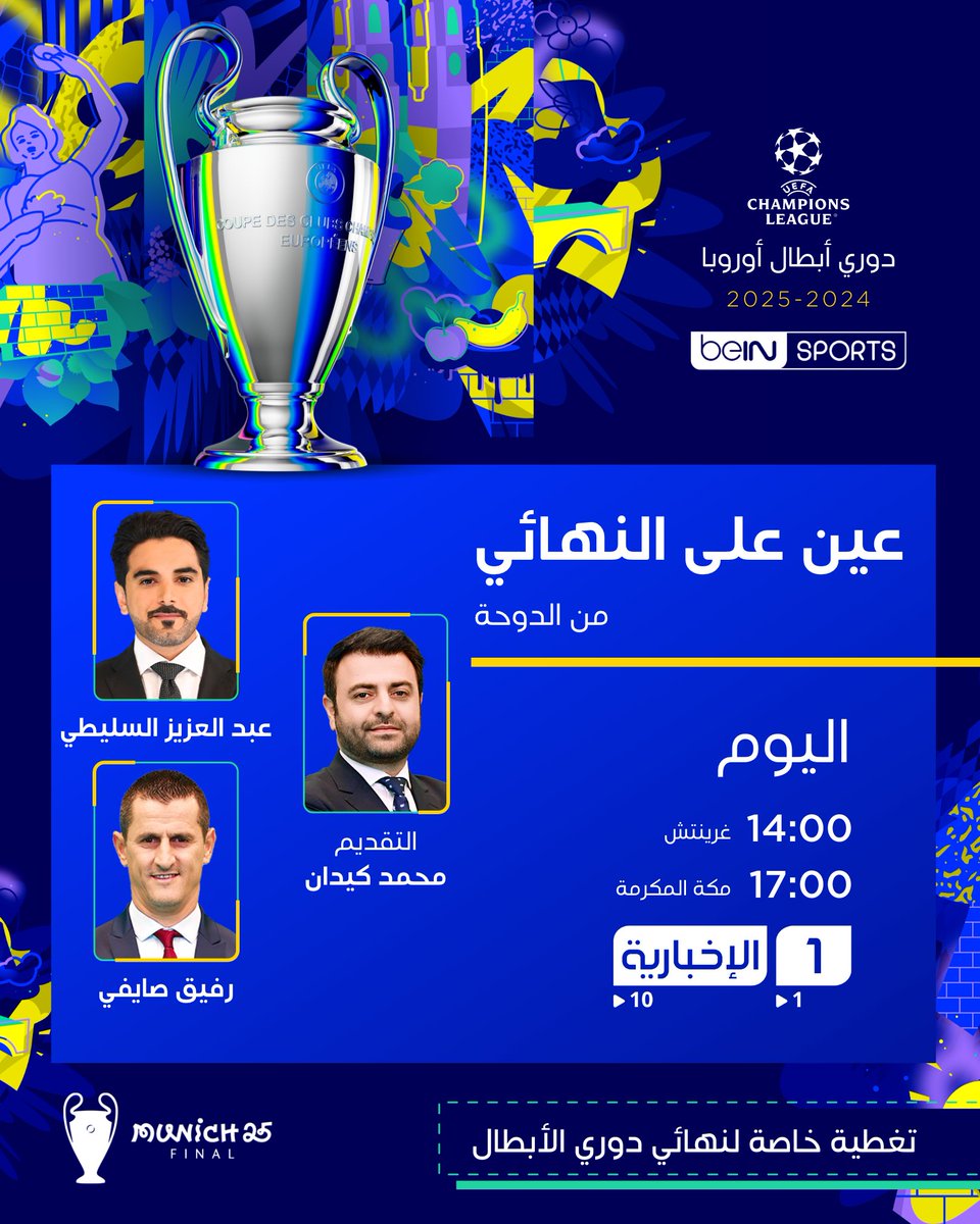 beINSPORTS's tweet photo. لا تفوّت مشاهدة استوديو عين على النهائي

👤 تقديم محمد كيدان
🎙️ رفقة كلّ من: عبد العزيز السليطي ورفيق صايفي
📺 على beIN SPORTS NEWS وbeIN SPORTS 1

 ▶️ شاهدها أيضاً على قناتنا في اليوتيوب 👇
https://t.co/j2gcB3AXP3

📦 اشترك الآن 👇
🔗 https://t.co/nS4V7bhKg2
📱 https://t.co/YbDNRMJaed

#دوري_أبطال_أوروبا | #نهائي_الأبطال | #باريس_سان_جيرمان | #إنتر | #باريس_إنتر
#UCLfinal | #UCL | #beINUCL | #PSG | #Inter