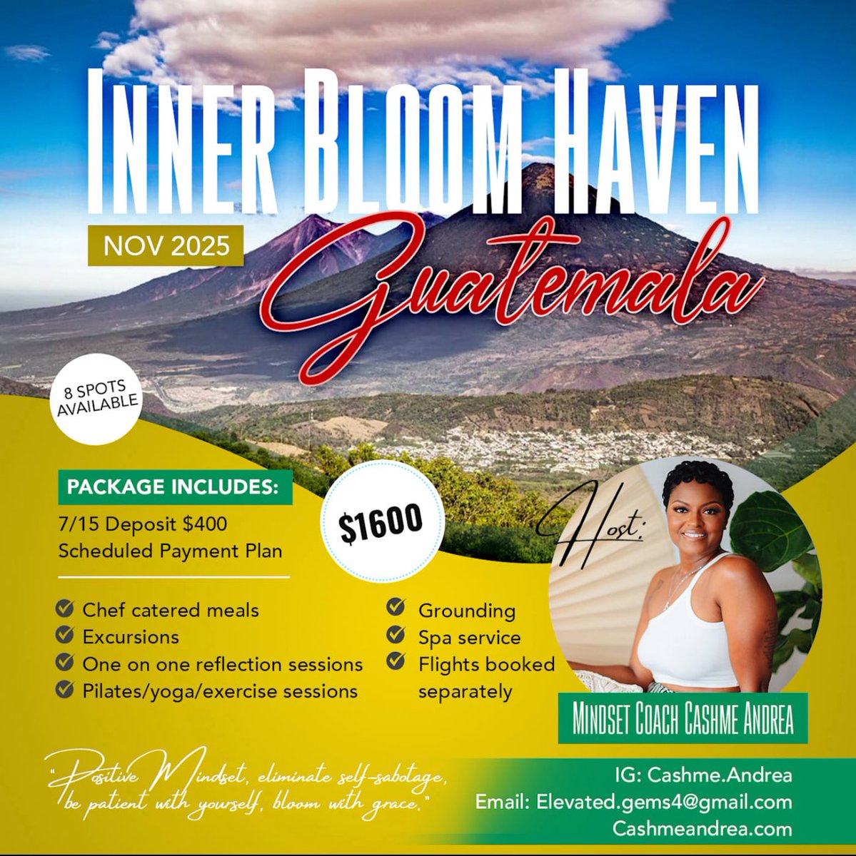 Cashme Andrea (@elevatedgems) on Twitter photo Inner Bloom Haven Wellness Retreat
Date: Nov 2025
Where: Guatemala
Come Join in on an experience you wont forget!
Your journey to inner peace begins here – come, and let the healing begin.
Everything is always working out for your highest good!
Email: Elevated.gems4@gmail.com Inner Bloom Haven Wellness Retreat
Date: Nov 2025
Where: Guatemala
Come Join in on an experience you wont forget!
Your journey to inner peace begins here – come, and let the healing begin.
Everything is always working out for your highest good!
Email: Elevated.gems4@gmail.com