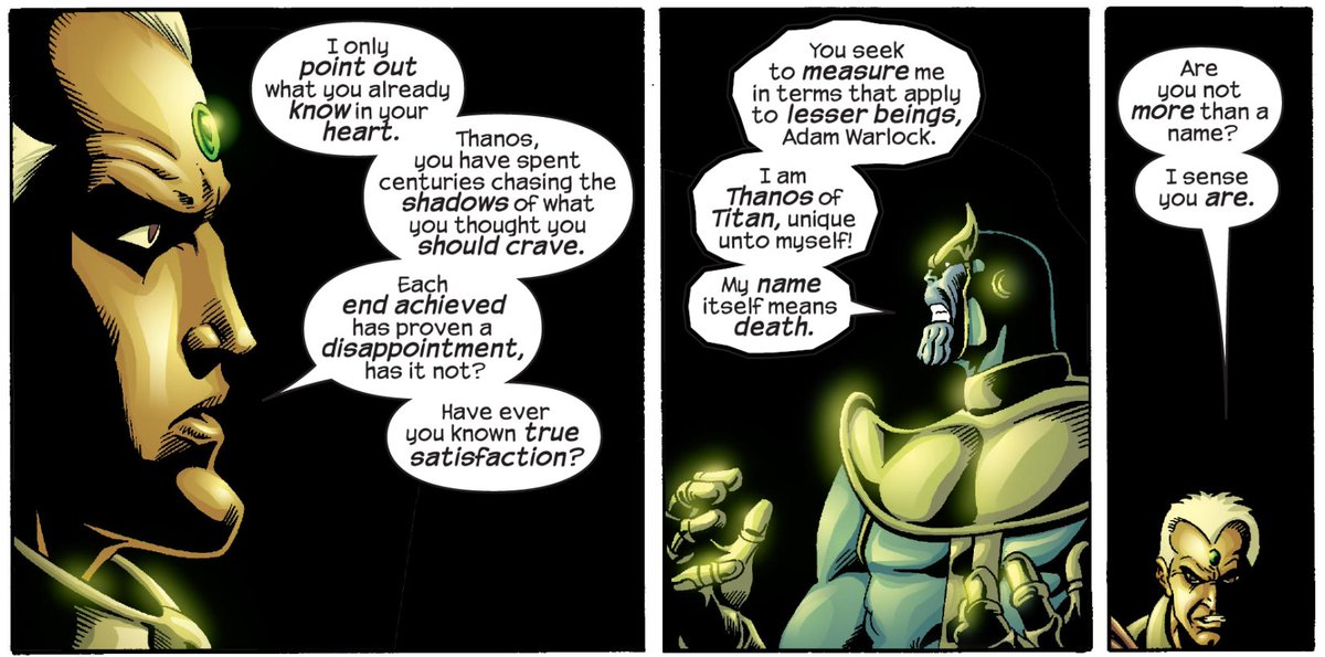 also how adam perceives thanos over time... understanding his soul and heart more...