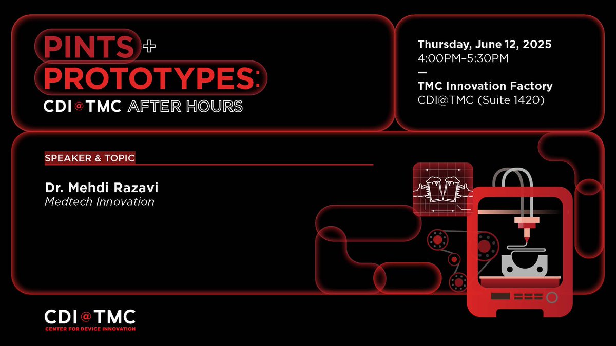 TMCInnovation's tweet image. Get ready for Pints and Prototypes at CDI @ TMC on June 12 from 3:30-5 pm!
This exciting event brings together innovators, clinicians, and investors to discuss the latest advancements in healthcare and technology.
#PintsAndPrototypes #CDI #HealthcareInnovation #TMCInnovation