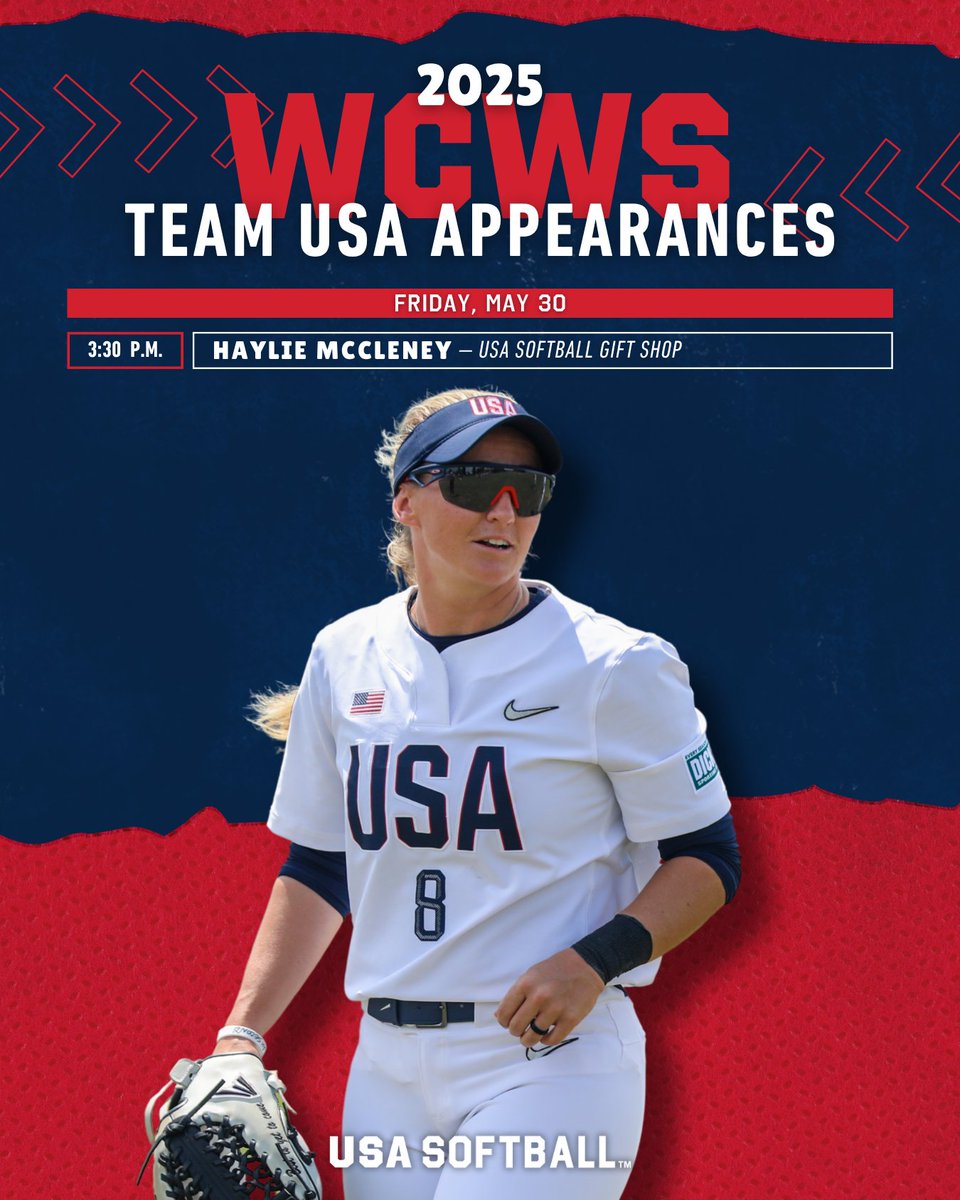 #WCWS 𝐓𝐞𝐚𝐦 𝐔𝐒𝐀 Appearances: 𝗗𝗮𝘆 𝟮 ⤵️

⭐️ @HaylieMac8 — 3:30 PM

📍 USA Softball Hall of Fame Museum &amp; Gift Shop