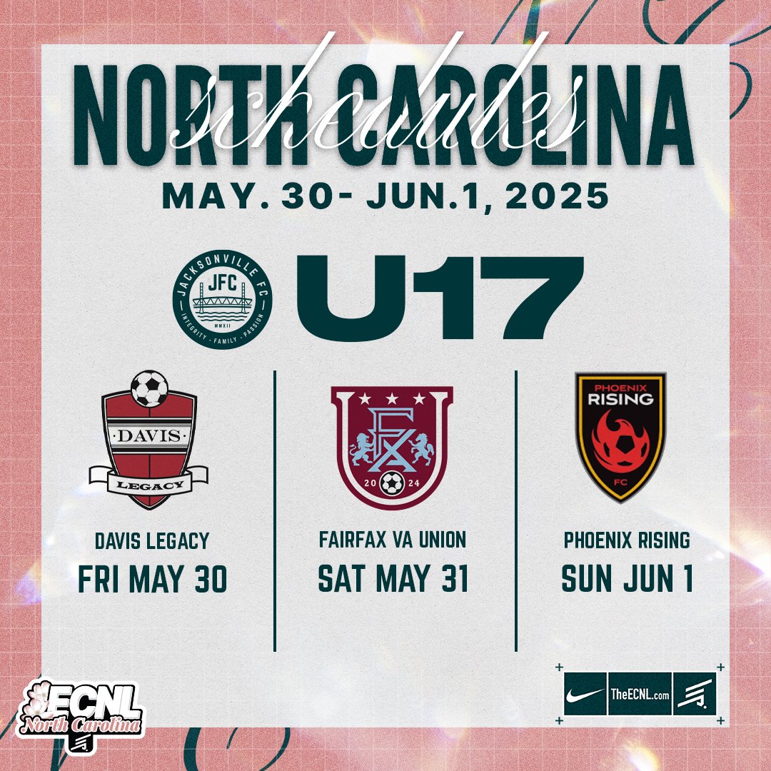 Good luck to our JFC ECNL U15, U16, and U17 Girls as they compete this weekend at ECNL Girls North Carolina in Greensboro.

Big stage. Big opportunity. Go show what you are made of.

#PlayerDriven #904JFC