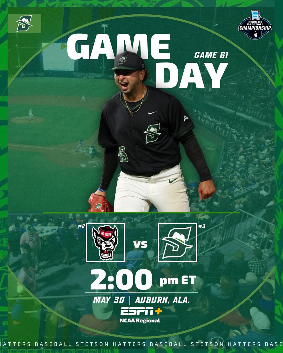 Stetson Baseball (@stetsonbaseball) on Twitter photo Today's the day — Regionals are finally here!
🆚 NC State Wolfpack
🕑 2:00 PM ET
📍Auburn, AL
📺 bit.ly/3ZDuQmG
📊 bit.ly/3SueZTB
🎟️ bit.ly/4dF3UIU
#GoHatters | <a href="/StetsonHatters/">Stetson Hatters</a> | <a href="/NCAABaseball/">NCAA Baseball</a> Today's the day — Regionals are finally here!
🆚 NC State Wolfpack
🕑 2:00 PM ET
📍Auburn, AL
📺 bit.ly/3ZDuQmG
📊 bit.ly/3SueZTB
🎟️ bit.ly/4dF3UIU
#GoHatters | <a href="/StetsonHatters/">Stetson Hatters</a> | <a href="/NCAABaseball/">NCAA Baseball</a>