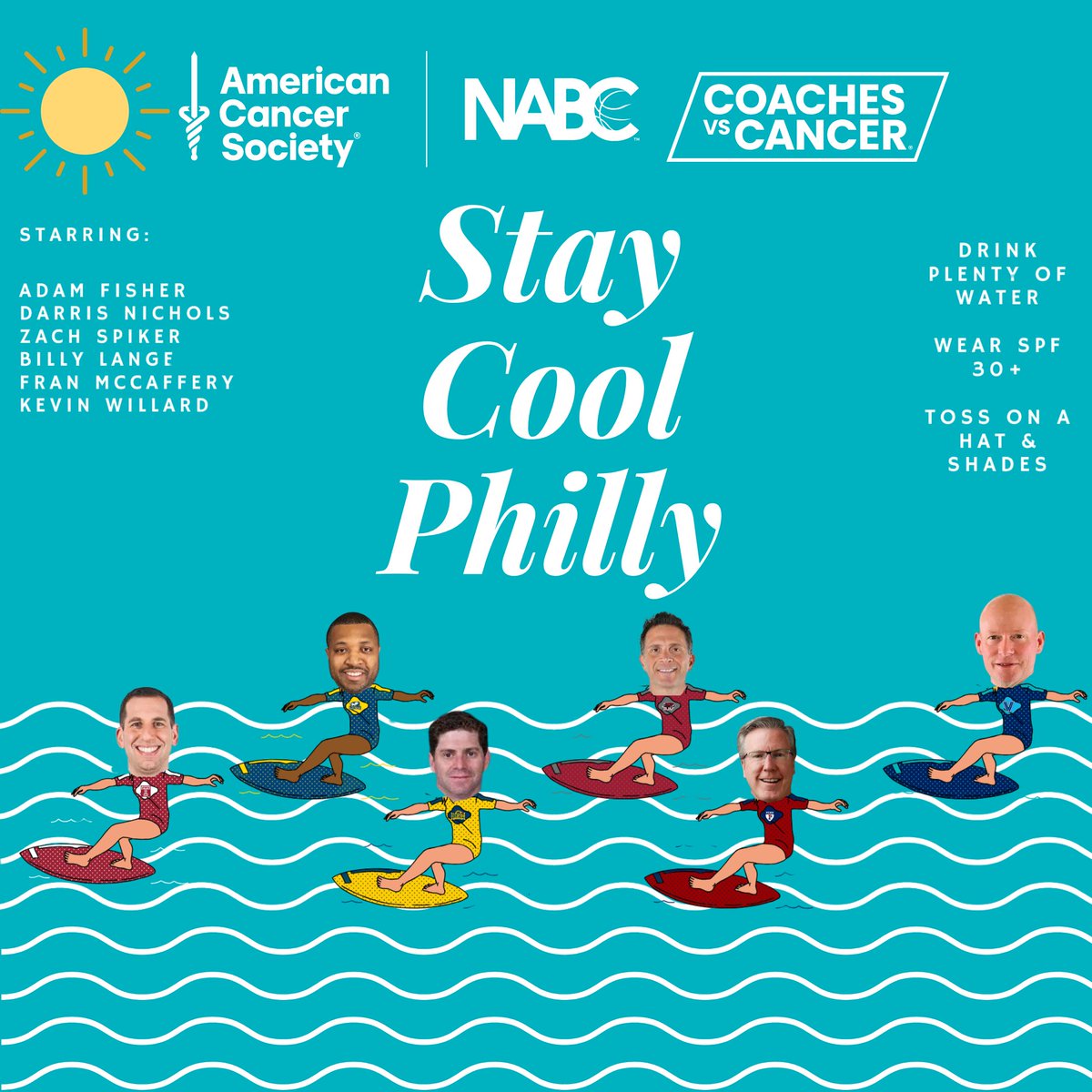 American Cancer Society Coaches vs. Cancer, Philly (@phillycvc) on Twitter photo Soak up the sunshine—safely! Slather on SPF 30+, toss on a hat and shades, and wear light, breezy clothes. Take shade breaks from 10 to 4 and sip plenty of water. Stay cool and have fun in the sun! Soak up the sunshine—safely! Slather on SPF 30+, toss on a hat and shades, and wear light, breezy clothes. Take shade breaks from 10 to 4 and sip plenty of water. Stay cool and have fun in the sun!