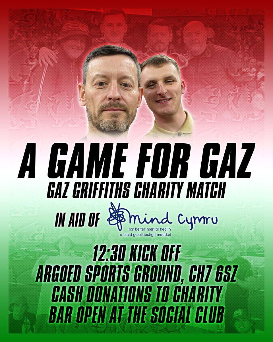 A GAME FOR GAZ ⚽

We are honoured to host a charity match in honour of Gaz Griffiths tomorrow afternoon at the Argoed. Gaz was passionate about football &amp; coached his nephew as part of our U19s team. All money raised is in aid of <a href="/MindCymru/">Mind Cymru</a>. Let's make Gaz proud! 💛🏴󠁧󠁢󠁷󠁬󠁳󠁿💙