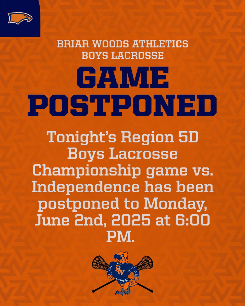 Due to potential thunderstorms this evening, tonights Boys Region Lacrosse Championship game vs Indy has been moved to Monday, June 2nd at 6pm.