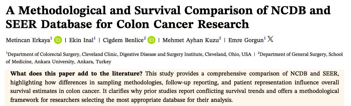 MetinErkayaMD's tweet image. 💫 Excited to share our latest publication in the Journal of Surgical Oncology!
🔹The National Cancer Database and Surveillance, Epidemiology, and End Results database are widely used in colon cancer research.
🔎 We conducted a comprehensive analysis comparing these two…