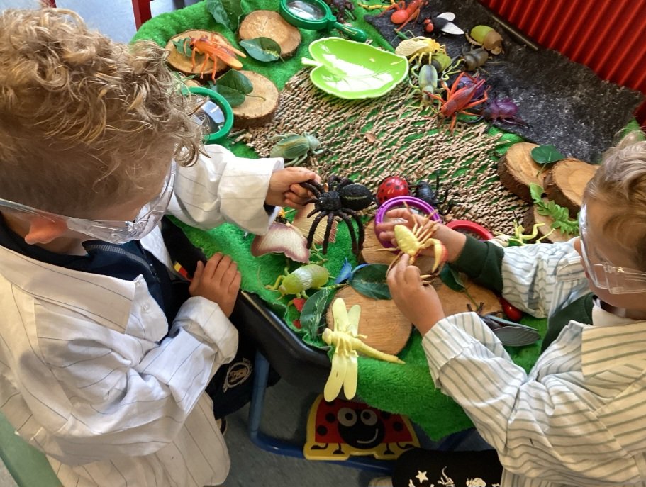 P2 are enjoying exploring minibeasts in the bug investigation station. This is part of our "If you go down in the woods" thematic unit.