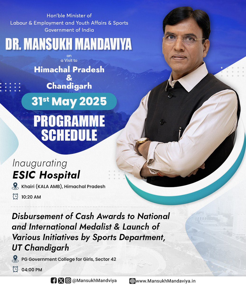 Office of Dr Mansukh Mandaviya (@officeof_mm) on Twitter photo Union Minister Dr. <a href="/mansukhmandviya/">Dr Mansukh Mandaviya</a> is on a one-day tour to Himachal Pradesh & Chandigarh.
📅 31st May 2025 Union Minister Dr. <a href="/mansukhmandviya/">Dr Mansukh Mandaviya</a> is on a one-day tour to Himachal Pradesh & Chandigarh.
📅 31st May 2025