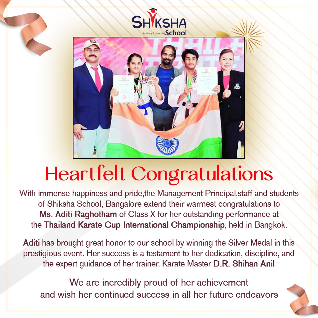 saflschool's tweet photo. 🎉 Huge congratulations to Ms. Aditi Raghotham from Shiksha School for winning the Silver Medal at the Thailand Karate Cup International Championship! 🥈 Your hard work and dedication have truly paid off! 🌟 Keep shining and inspiring others! 💪

#ShikshaSchool #Inspiration https://t.co/99Highp5IH