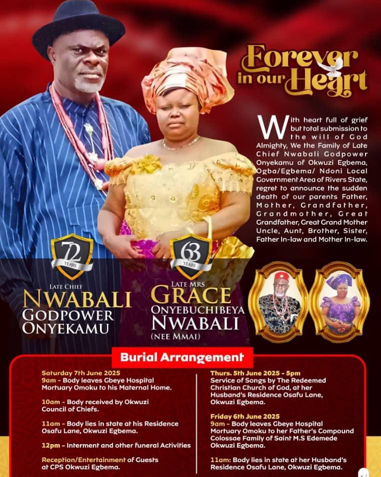 About time to put my dad and mom to rest. Something I never imagined doing so soon at this point of my life. Difficult to believe I will never see you again. Different kind of pain I never wish for my enemy🥲. 

6th and 7th of June 2025. 

#rip #mom #dad #nwabali