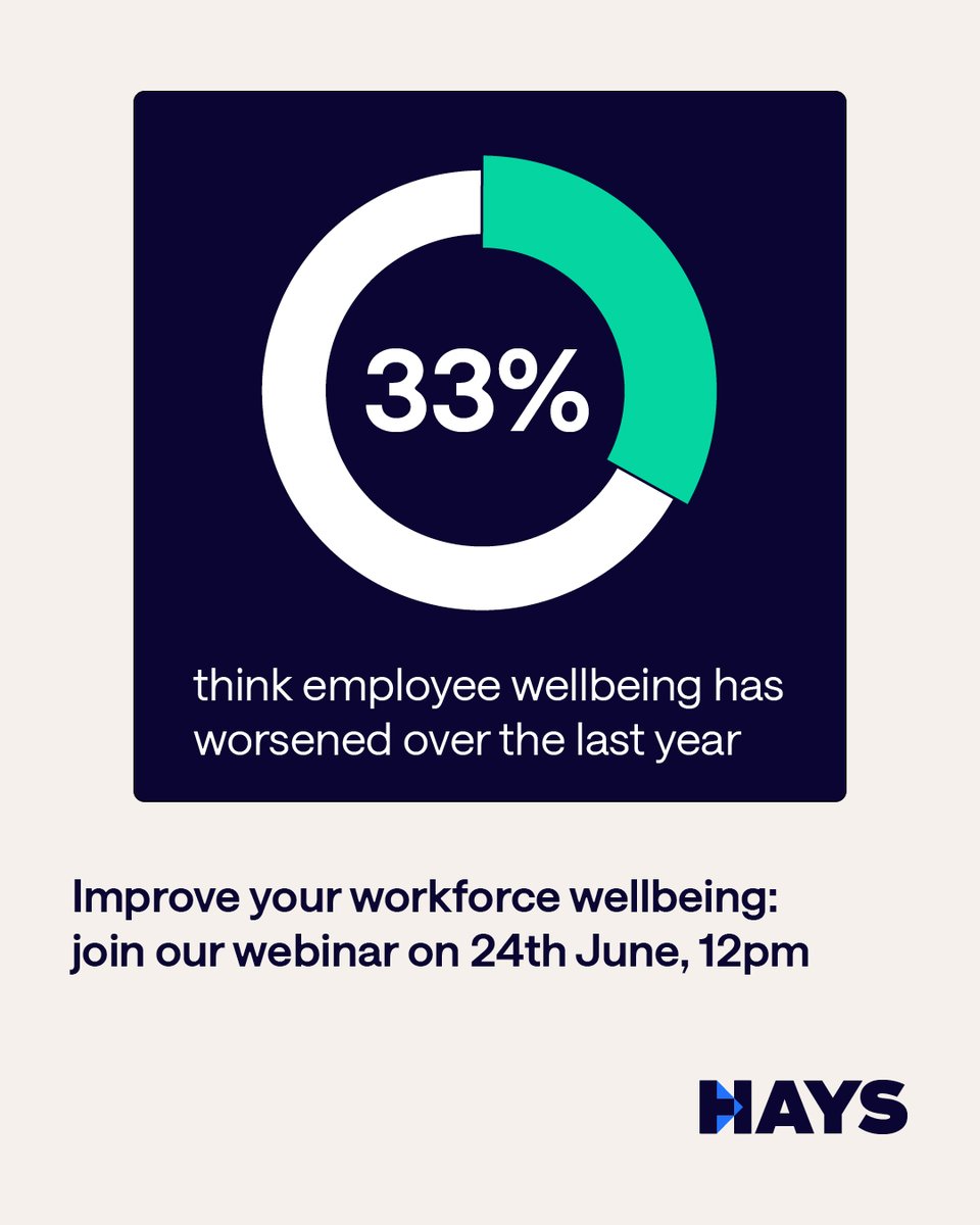 Stop losing staff due to poor wellbeing – register for our webinar on 24th June at 12pm for expert insights and practical tips on how to implement an effective employee wellbeing strategy.  

Register today: link.hays.com/4mzyKqN

#employeewellbeing #workplacewellbeing