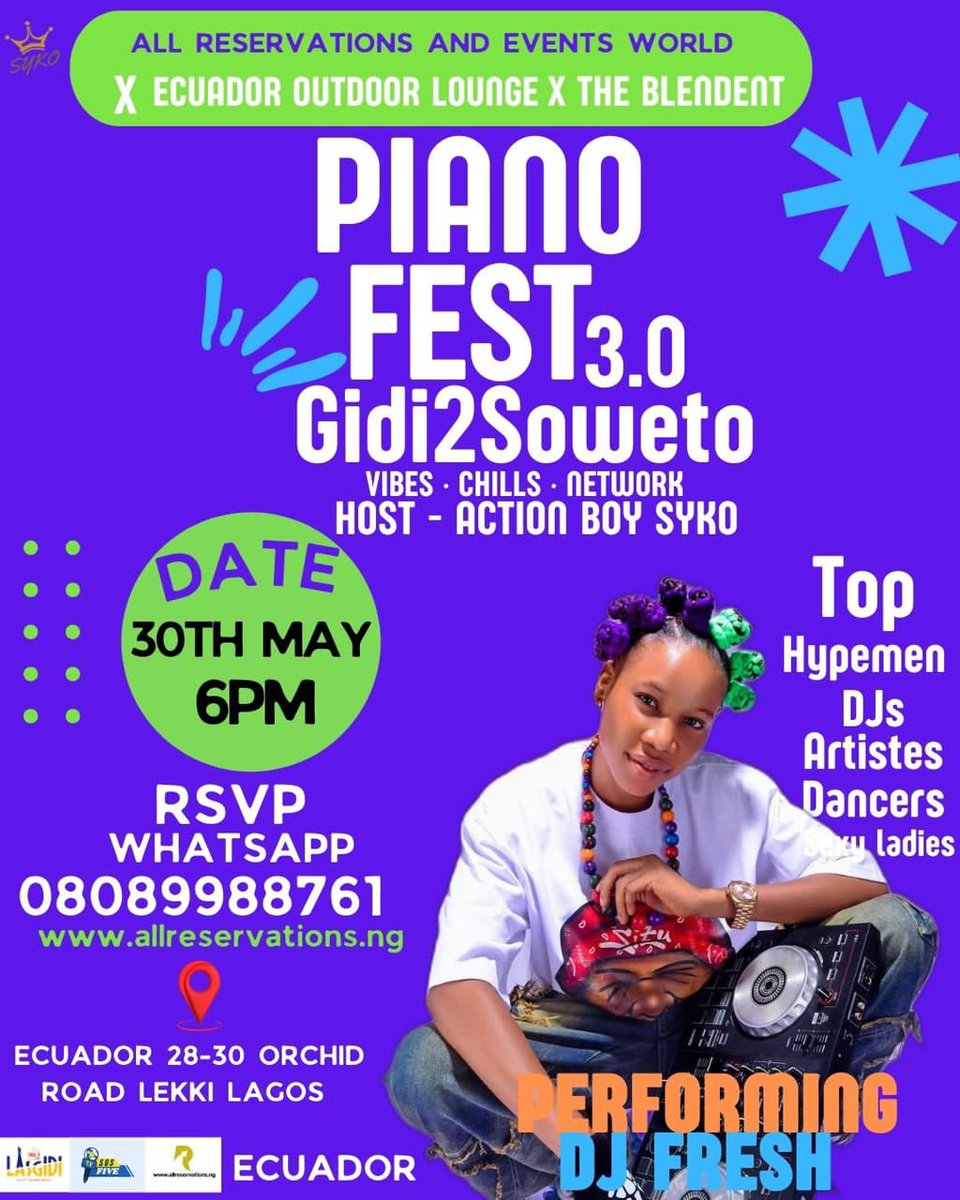 entinspiredtv's tweet photo. *🎹 #piano #Fest 3.0: #Gigi2Soweto
🇳🇬 8:00 PM | Friday, May 30
🏧Ecuador Bar&amp;Lounge, Orchid Road, Lekki

A night of #Amapiano #culture &amp; pure vibes!
Hosted by #EcuadorLagos x AllReservations
Curated by #MicDumis 

 RSVP: +234 815 771 4925
Good vibes only. Don’t miss it! #music https://t.co/YMDJMFfoY7
