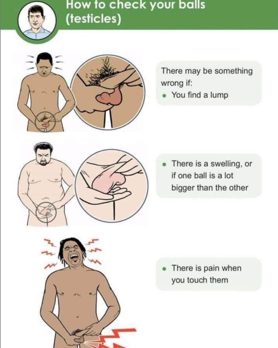 the_beardedsina's tweet photo. Dear Men

Normalise examining your Balls or Testicles &amp; scrotum.

Easy to do 
-Cup each testicle with one hand
-Roll between thumbs &amp; fingers
Feel the cord &amp; epididymis
-feel for lump, size changes,etc

Notice anything. See a Dr

Tell a Man
Save these pictures https://t.co/XRvnLHyrQ5