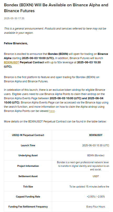 🚨 BREAKING: "Binance Lancia il Trading di Bondex (BDXN) il 3 Giugno 2025: Novità e Opportunità per gli Investitori"