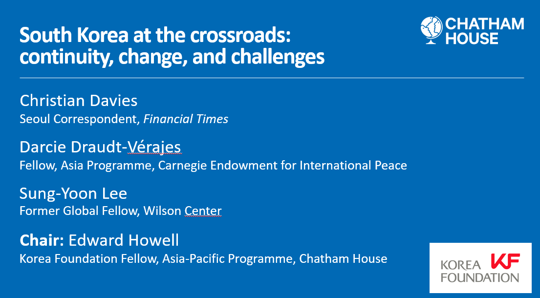 On Tuesday, South Koreans will vote for a new president 🗳️

Re-watch our webinar where our expert panel discuss the election's likely implications for 🇰🇷’s domestic politics and foreign policies towards 🇯🇵🇺🇸🇰🇵🇨🇳.

🔗chathamhouse.org/events/all/res…