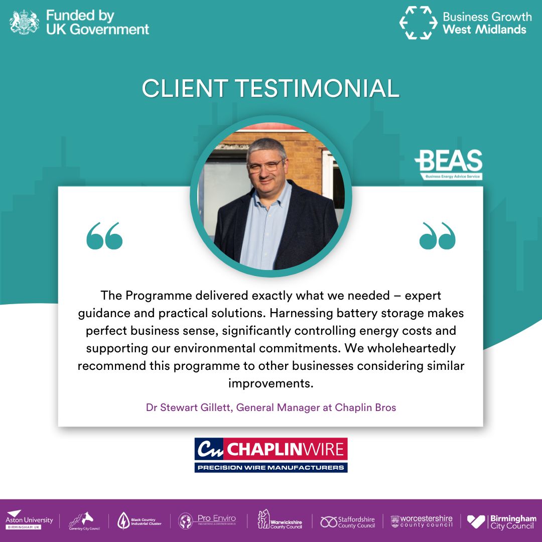 Business Energy Advice Service Programme (@beasprogramme) on Twitter photo Chaplin Bros are precision wire manufacturers based in #WestMidlands
With grant support from <a href="/AstonUniversity/">Aston University</a> they reduced energy costs with use of battery storage.
Want to find out more about free energy audits and grants? 📩 Get in touch - bit.ly/4jTI0nV Chaplin Bros are precision wire manufacturers based in #WestMidlands
With grant support from <a href="/AstonUniversity/">Aston University</a> they reduced energy costs with use of battery storage.
Want to find out more about free energy audits and grants? 📩 Get in touch - bit.ly/4jTI0nV