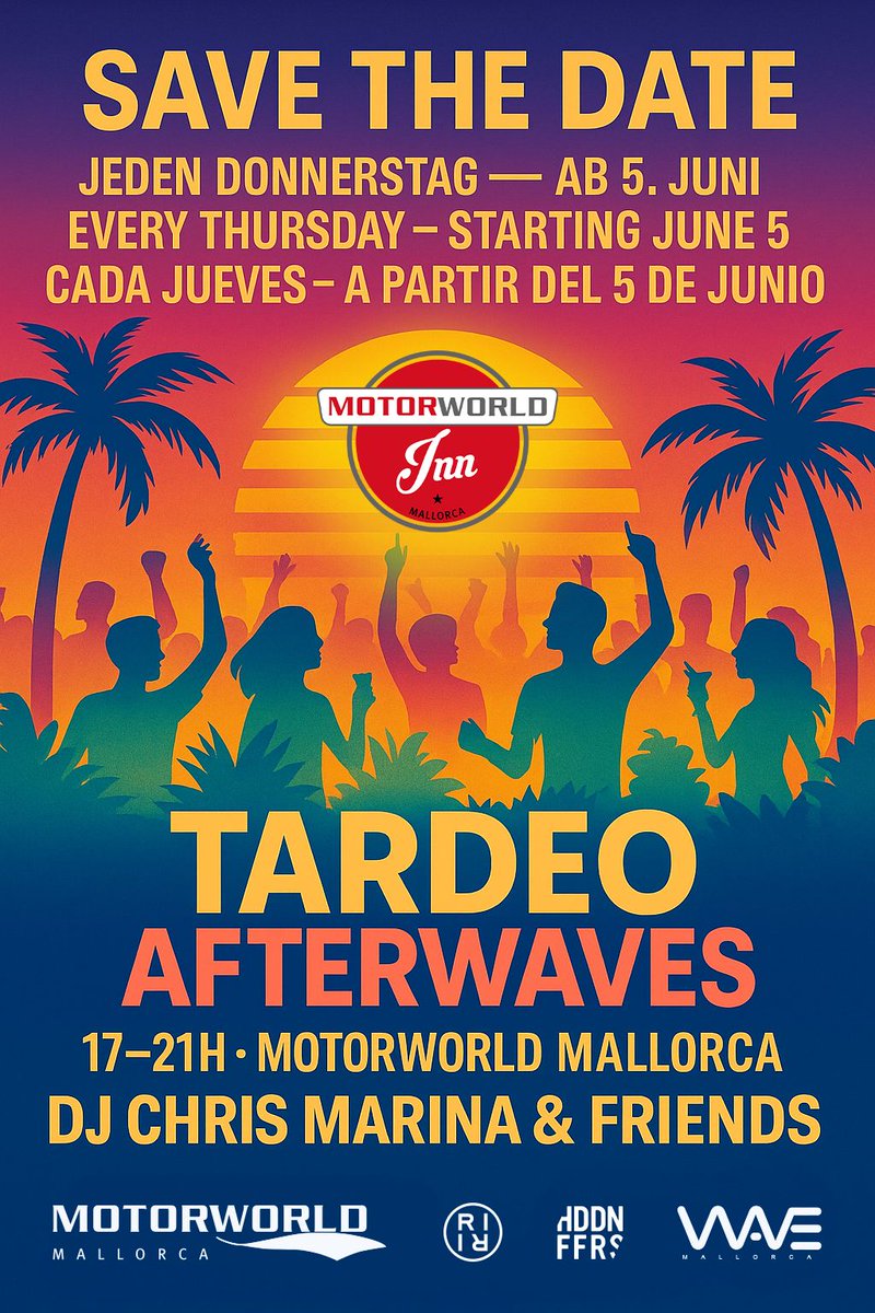 🇩🇪 Jeden Donnerstag – ab 5. Juni
🇬🇧 Every Thursday – starting June 5
🇪🇸 Cada jueves – a partir del 5 de junio

17–21H • MOTORWORLD MALLORCA
🎧 DJ Chris Marina &amp; Friends
📡 Live on Wave Mallorca Radio