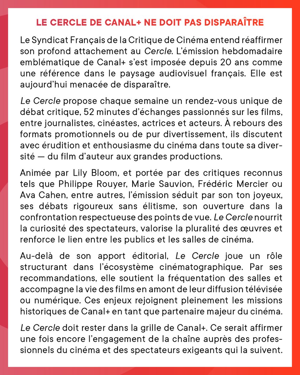 Communiqué du Syndicat Français de la Critique de Cinéma

LE CERCLE DE CANAL+ NE DOIT PAS DISPARAÎTRE

À lire en intégralité 🔗 syndicatdelacritique.com/actualite/le-c…