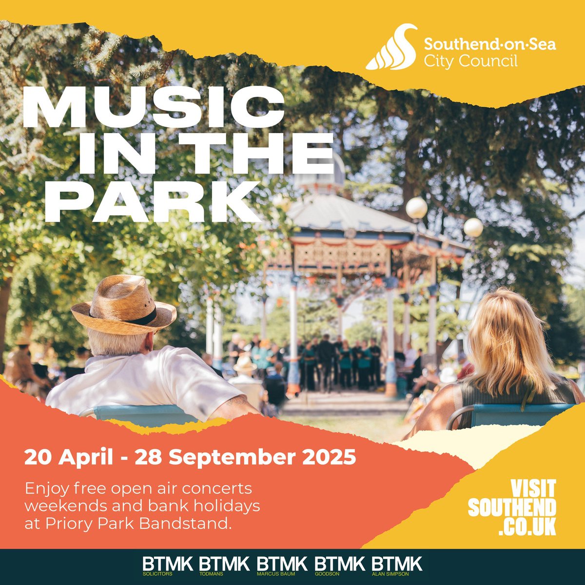MUSIC IN THE PARK 🎶🌳 

Head to Priory Park Bandstand this weekend for FREE Live music! Top musicians will be performing in <a href="/SouthendCityC/">Southend-on-Sea City Council</a> 's 'Music in the Park':

📅 Weekends &amp; Bank Holiday Mondays | 3pm - 4.30pm.
🙌 Sponsored by <a href="/BTMKSolicitors/">BTMK</a>

👉 visitsouthend.co.uk/music-in-the-p…