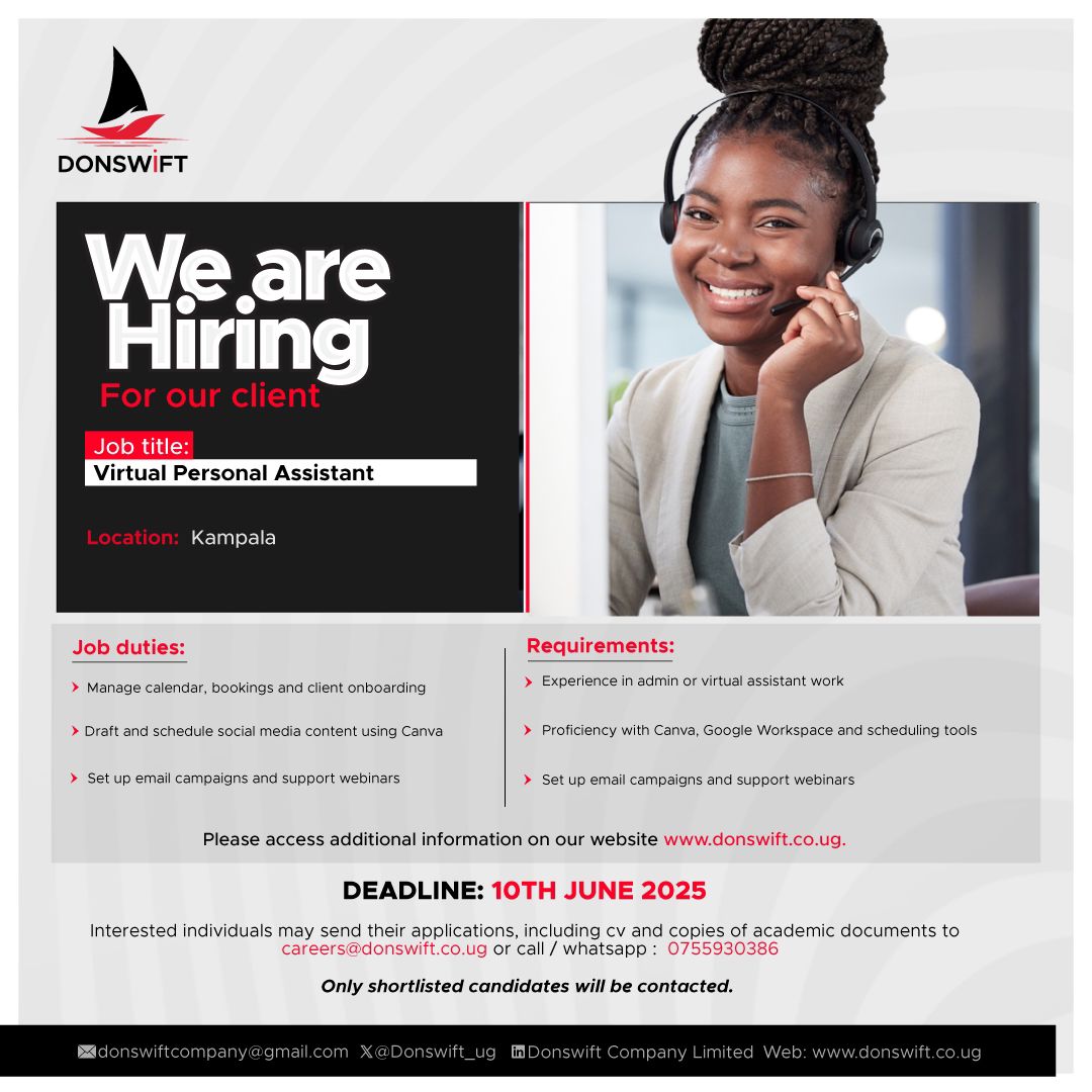 Donswift Company Ltd (@donswift_ug) on Twitter photo Are you an organized, tech-savvy woman ready to support a busy team virtually?
Apply Now: careers@donswift.co.ug
Deadline: 10th June 2025
For more info: donswift.co.ug/jobs/we-are-hi…
#Jobs Are you an organized, tech-savvy woman ready to support a busy team virtually?
Apply Now: careers@donswift.co.ug
Deadline: 10th June 2025
For more info: donswift.co.ug/jobs/we-are-hi…
#Jobs