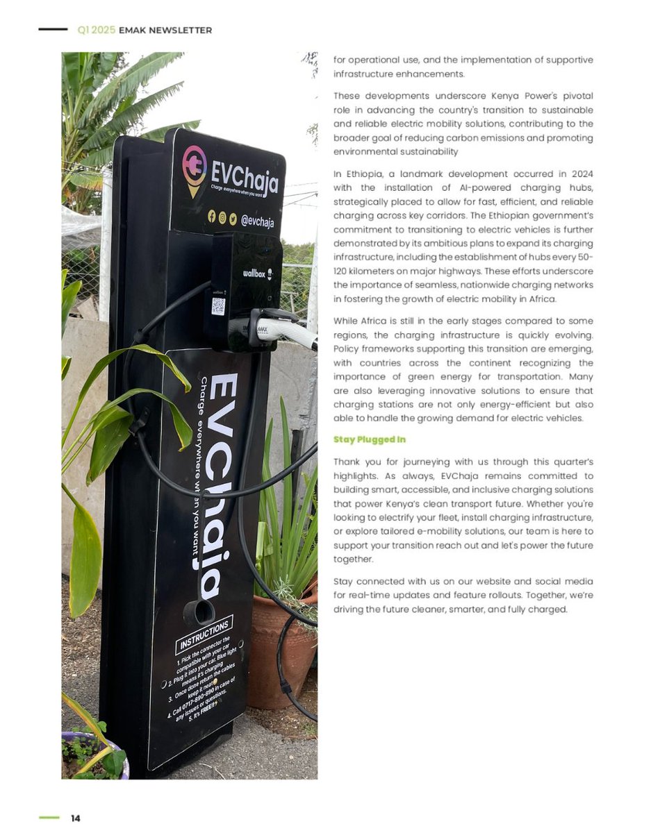 EvChaja (@evchaja) on Twitter photo Kenya’s electric mobility future is here, and EVChaja is proud to be at the heart of it.
As featured in the Q1 2025 EMAK Newsletter <a href="/EMobilityKenya/">Electric Mobility Association of Kenya (EMAK)</a>, our expanding charging network, smart infrastructure, and user-friendly tech are making EV adoption more accessible than ever. Kenya’s electric mobility future is here, and EVChaja is proud to be at the heart of it.
As featured in the Q1 2025 EMAK Newsletter <a href="/EMobilityKenya/">Electric Mobility Association of Kenya (EMAK)</a>, our expanding charging network, smart infrastructure, and user-friendly tech are making EV adoption more accessible than ever.