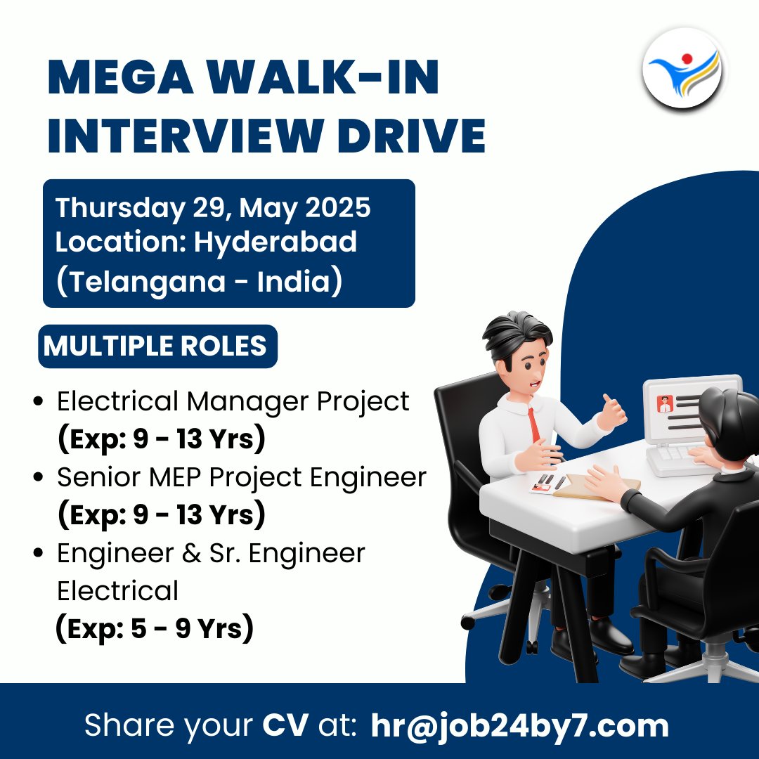 Job24by7_'s tweet photo. MEGA WALK IN - INTERVIEW DRIVE 
Location: Hyderabad (Telanagana - India)
Interview Date: 29 May, 2025 

Register yourself: https://t.co/g3w9vZHUbi
Share your CV at: hr@job24by7.com 
Follow for more updates: @Job24by7_  

#WalkInInterview #HyderabadJobs #JobAlertIndia  #Job24by7 https://t.co/pOcZmUQvBy