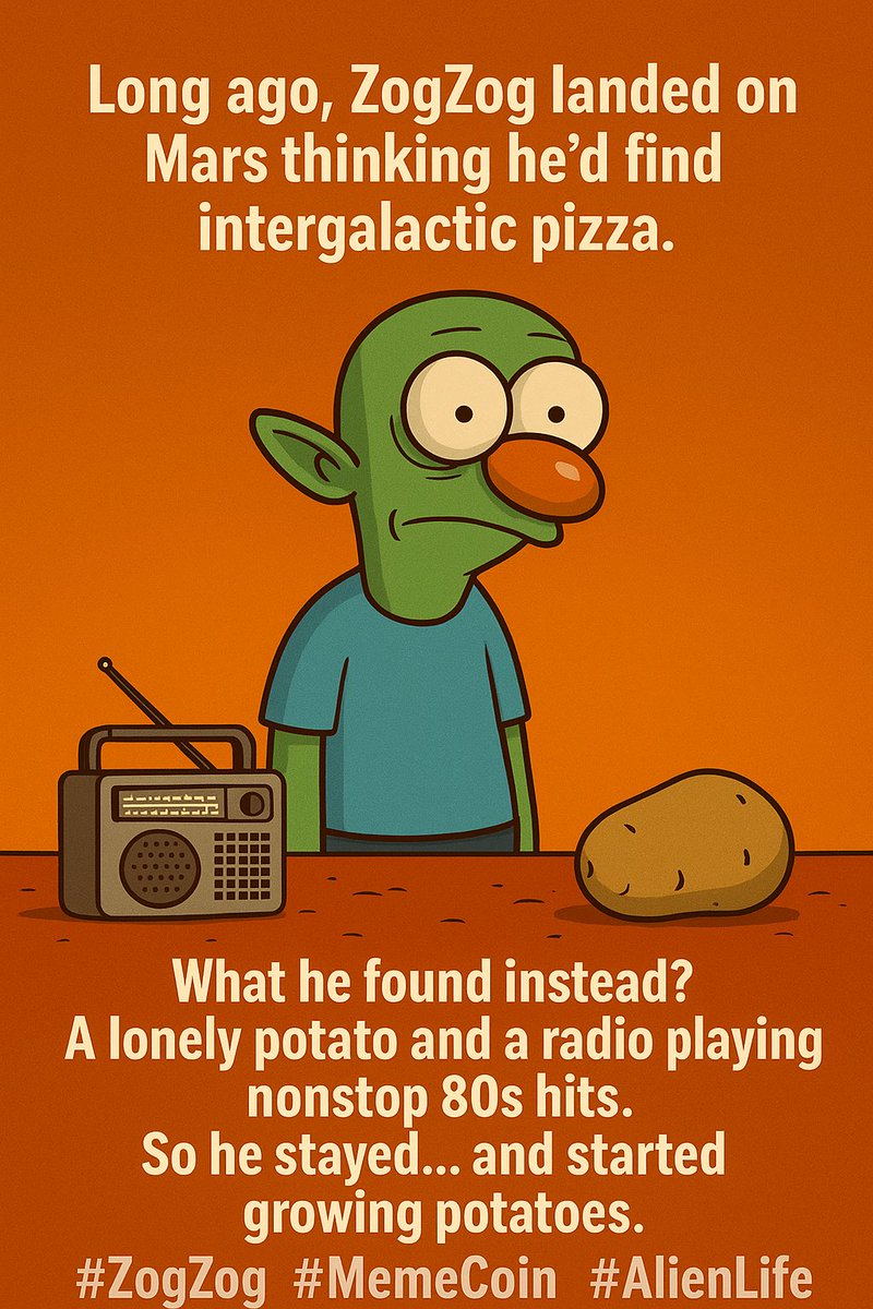 TheZogZog's tweet photo. 🚀 Long ago, ZogZog landed on Mars thinking he’d find intergalactic pizza.
What he found instead?
A lonely potato and a radio playing nonstop 80s hits.
So he stayed… and started growing potatoes.
#ZogZog #MemeCoin #AlienLife https://t.co/QiTCgtZWbE