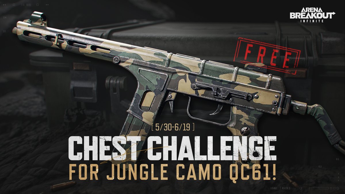 ArenaBreakoutPC's tweet photo. Complete Chest Challenge missions and get the exclusive Jungle Camo QC61 skin! Available from May 30th to Jun. 19th. Don't miss out!
#ArenaBreakoutInfinite #ArenaBreakoutPC #ABISeasonIgnition https://t.co/xgN2UU1l49