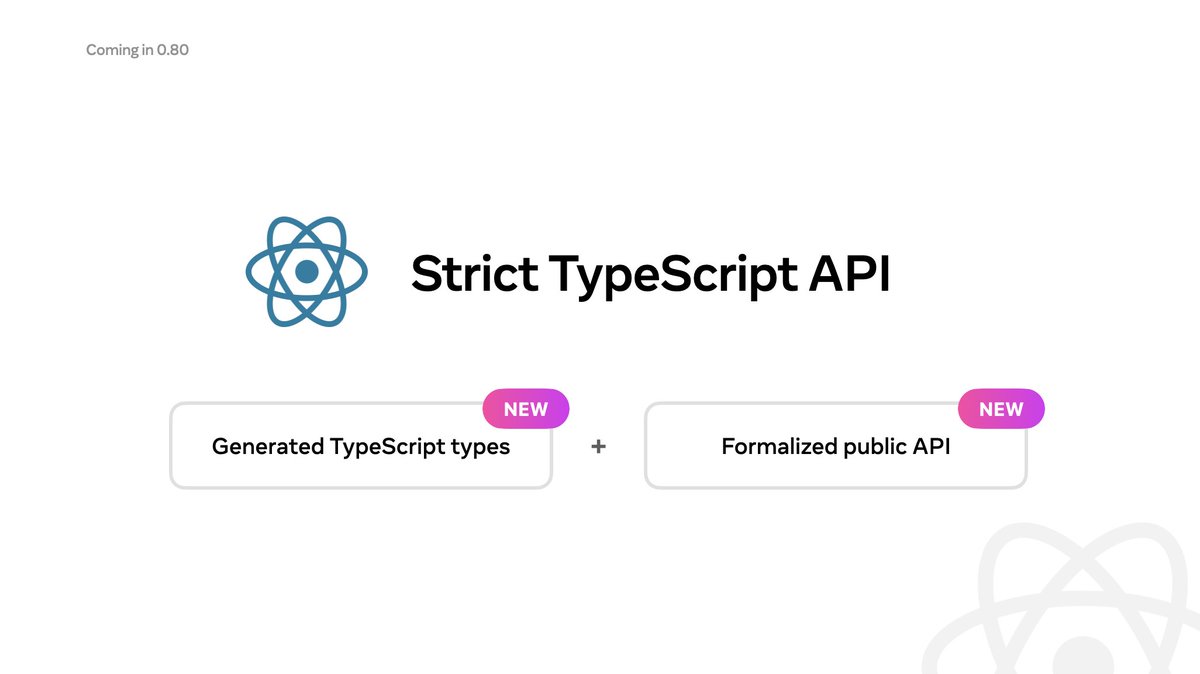 Alex Hunt (@huntie) on Twitter photo Shared today at <a href="/appjsconf/">App.js Conf 🗓️ 28-30 May 2025</a>: Progress on making future React Native releases more stable, by refining the JavaScript API of the react-native package.
We're investing in this to give the ecosystem stronger guarantees around the core of React Native, and to make upgrades easier ⬇️ Shared today at <a href="/appjsconf/">App.js Conf 🗓️ 28-30 May 2025</a>: Progress on making future React Native releases more stable, by refining the JavaScript API of the react-native package.
We're investing in this to give the ecosystem stronger guarantees around the core of React Native, and to make upgrades easier ⬇️