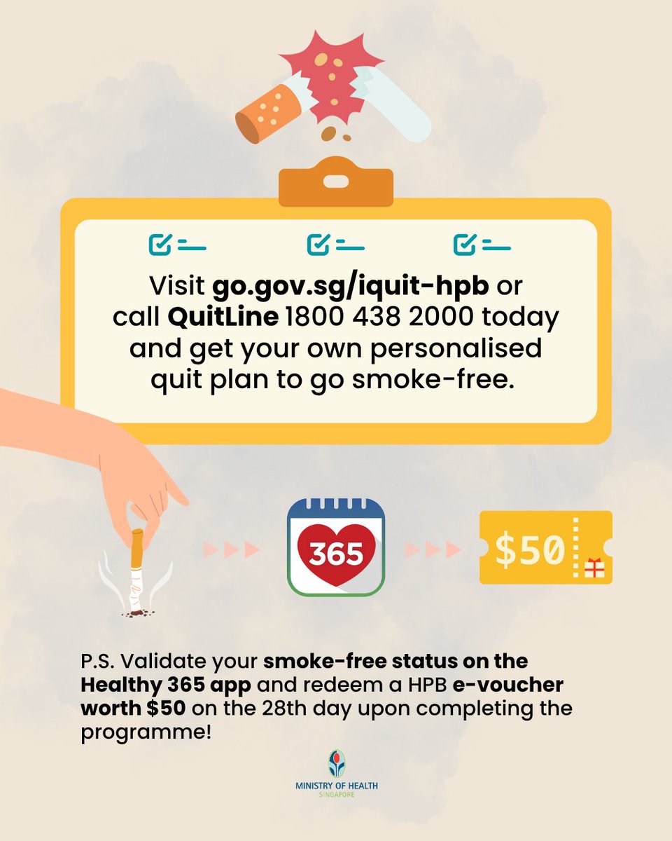 🚭Quitting smoking or vaping is not easy, but it is about taking the first step. 
On World No Tobacco Day, start your smoke-free journey with HPB's I Quit programme, and turn a loss into a lifelong win. 💪