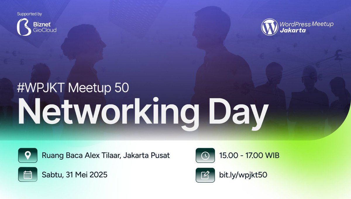wcjkt's tweet image. Networking Day WordPress Jakarta!
📅 Sabtu, 31 Mei 2025
🕒 15:00 - selesai
📍 Ruang Belajar Alex Tilaar, Jakarta
Kita bisa ngobrol santai, berjejaring, sharing, dan tanya jawab seputar WordPress.
Yuk daftar! 💬💡#WordPressJakarta #WPJKT