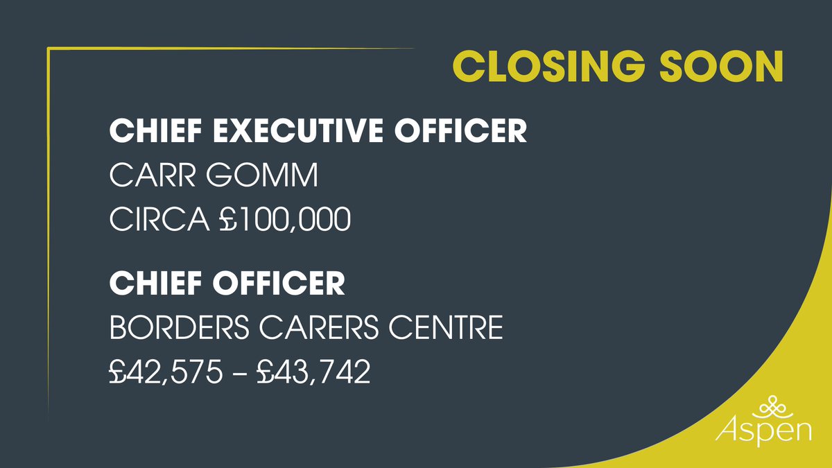 Last chance, two great opportunities close next week! ⏰

Carr Gomm
Chief Executive Officer
Circa £100,000
aspenpeople.co.uk/carrgomm/

Borders Carers Centre
Chief Officer
£42,575 – £43,742
aspenpeople.co.uk/borders-carers…