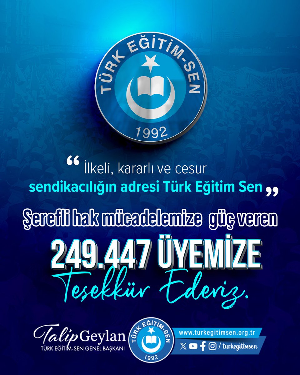 249.447 ÜYEMİZE TEŞEKKÜRLER

İlkeli, kararlı, mücadeleci sendikacılığın adresi Türk Eğitim Sen inançla, kararlılıkla, emin adımlarla yoluna devam ediyor.
Türkiye’nin sendikası Türk Eğitim Sen’e omuz verdikleri için 249.447 üyeme teşekkür ediyorum.

Her durum ve koşulda şahsiyetli